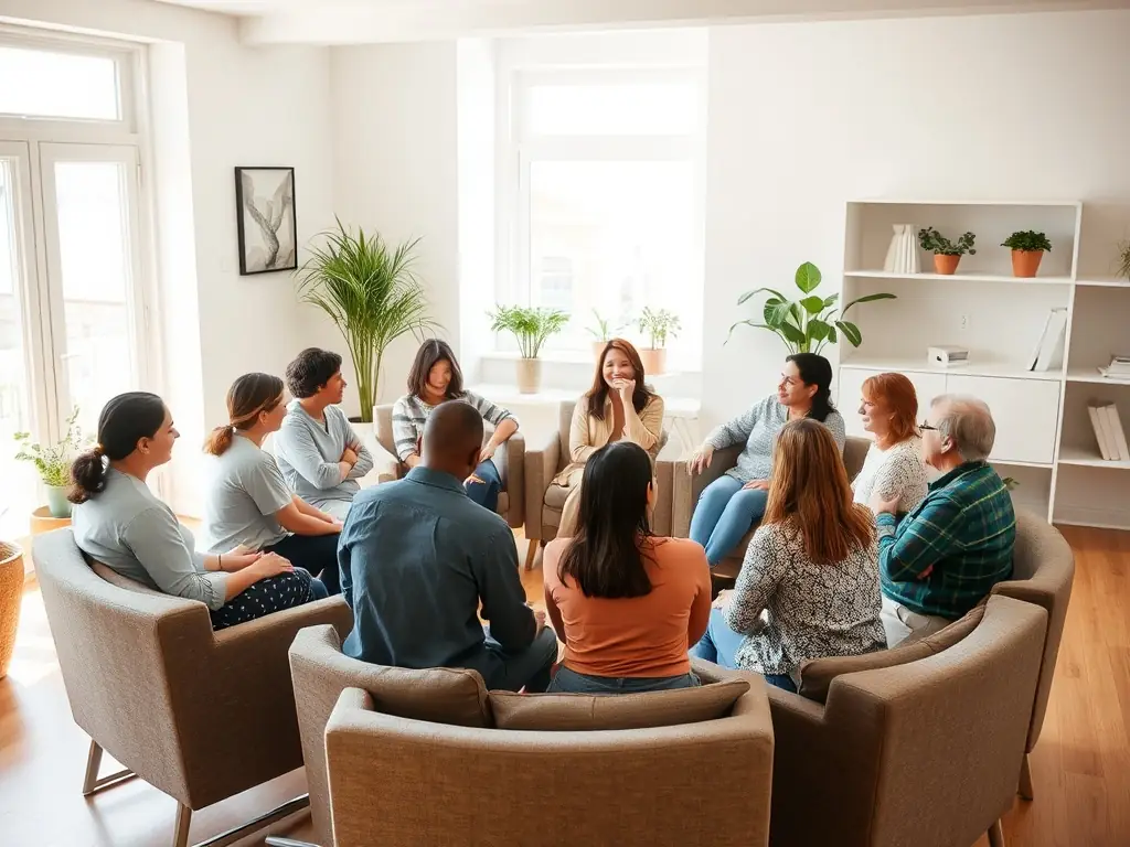 A group of residents participating in a therapy session, sharing experiences and supporting each other under the guidance of a therapist.