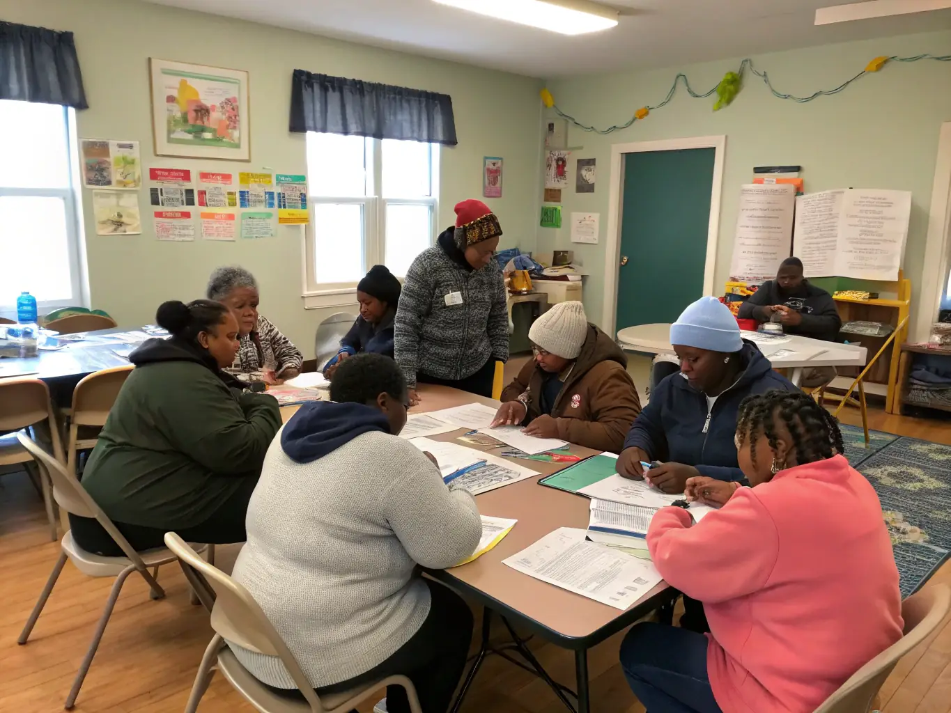 An image depicting residents engaged in a life skills training session, learning practical skills such as budgeting, cooking, or job searching.